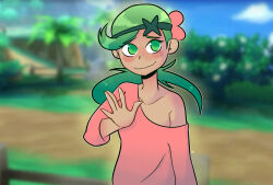 1girl collarbone dark-skinned_female dark_skin eli_(greeli_) game_screenshot_background green_eyes green_hair long_sleeves looking_at_viewer mallow_(pokemon) nintendo palm_tree pokemon pokemon_sm screenshot_background solo tree wavy_mouth