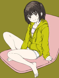 1girl barefoot black_hair brown_eyes commentary_request feet flat_chest flat_color focke_wulf full_body hood hoodie looking_at_viewer original short_hair short_shorts shorts sitting smile solo toes