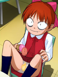 1girl 2010 blue_socks bow cat_girl chair collar crotch_seam dress fang female_focus food from_above gegege_no_kitarou gegege_no_kitarou_5 hair_bow haruyama_kazunori holding ice_cream ice_cream_cone indoors loli long_sleeves looking_at_another nekomusume nekomusume_(gegege_no_kitarou) nekomusume_(gegege_no_kitarou_5) panties pantyshot pink_bow pointy_ears red_dress red_hair red_ribbon red_skirt ribbon shadow shirt short_hair sitting skirt slit_pupils smile socks solo spread_legs surprised sweat underwear upskirt white_panties white_shirt wide-eyed yellow_eyes