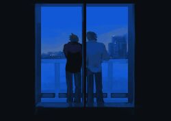 2boys black_jacket blonde_hair blue_sky building cloud_strife final_fantasy final_fantasy_vii final_fantasy_vii_ever_crisis from_behind grey_hair hand_on_railing highres implied_yaoi jacket male_focus morning multiple_boys norgeehotpot pants railing sephiroth sephiroth_(ever_crisis) shirt sky skyline skyscraper spiked_hair standing white_shirt window