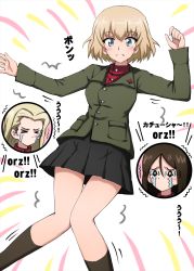 &gt;_&lt; 3girls aged_up arms_up black_hair black_skirt black_socks blonde_hair blue_eyes blush clara_(girls_und_panzer) closed_mouth commentary crying emblem fang frown girls_und_panzer green_jacket highres inset jacket katyusha_(girls_und_panzer) knees_together_feet_apart light_blush long_hair long_sleeves looking_at_viewer miniskirt motion_lines multiple_girls no_mouth nonna_(girls_und_panzer) omachi_(slabco) pleated_skirt pravda_school_uniform prostration red_shirt school_uniform shirt short_hair skirt socks standing sweatdrop swept_bangs t_t thigh_gap translated trembling turtleneck