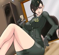 1girl blue_eyes breasts brown_hair female_focus garrison_cap gloves hair_over_one_eye hat large_breasts military military_uniform mokusa pointer sitting skirt solo