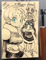 Rule 34 | 1girl, adjusting eyewear, alternate costume, armor, ballpoint pen (medium), blue eyes, cyborg, demon tail, fake horns, fake tail, fur collar, goggles, goggles on head, halloween costume, highres, hive (skullgirls), horns, jacket, looking at viewer, multiple views, official alternate costume, pen (medium), pout, ryantoruhuhu, short hair, skirt, skullgirls, solo, tail, traditional media