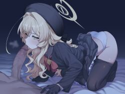 0haribo0 1boy 1girl absurdres ass bed_sheet beret black_gloves black_hat black_pantyhose black_sailor_collar black_serafuku black_shirt black_skirt blonde_hair blue_archive bow bowtie censored clothed_female_nude_male clothes_lift clothes_pull commentary_request cowlick erection fellatio gloves green_eyes hair_between_eyes hair_intakes halo hat hetero highres long_sleeves looking_at_viewer mosaic_censoring no_shoes nude on_bed oral panties pantyhose pantyhose_pull pleated_skirt professor_niyaniya_(blue_archive) red_bow red_bowtie sailor_collar school_uniform serafuku shirt skirt skirt_lift steam thighs underwear white_panties yellow_halo