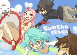00s 2boys 2girls anemone_(eureka_seven) aqua_hair dominic_sorel eureka_(eureka_seven) eureka_seven eureka_seven_(series) flying gulliver_(eureka_seven) happy long_hair multiple_boys multiple_girls pink_eyes pink_hair renton_thurston short_hair sky yukke