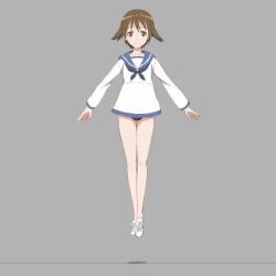 1girl animated blush brown_eyes brown_hair dress full_body grey_background jumping keicha_(kmoekaki) military_uniform miyafuji_yoshika sailor_dress short_hair simple_background solo strike_witches video world_witches_series