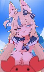Rule 34 | 1girl, ahoge, animal ear fluff, blonde hair, blue bow, blue eyes, blue hair, blue scrunchie, blue sky, bow, cloud, crab, dress, fins, fish girl, fish tail, hair bow, head rest, highres, indie virtual youtuber, kaniki (sameko saba), long hair, looking at viewer, low twintails, milk tea 1993, one side up, open mouth, sameko saba, scrunchie, sky, sleeveless, sleeveless dress, smile, solo, tail, twintails, very long hair, virtual youtuber, white dress