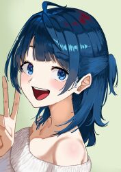 1girl absurdres bare_shoulders blue_eyes blue_hair blush collarbone from_side green_background highres jyuunen-kun light_blush looking_at_viewer make_heroine_ga_oo_sugiru! medium_hair open_mouth profile simple_background solo sweater teeth upper_body upper_teeth_only v yanami_anna