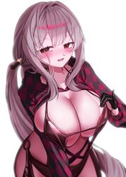 1girl absurdres bodysuit breasts brown_eyes checkered_clothes cleavage commentary goddess_of_victory:_nikke grey_hair highres korean_commentary large_breasts latex latex_bodysuit mimu_(cyus7328) official_alternate_costume scarlet_(nikke) scarlet_(racer&#039;s_high)_(nikke) simple_background solo stellar_blade white_background