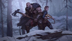 2boys arrow_(projectile) atreus axe bald beard black_cape black_hair black_pants bow_(weapon) brown_gloves cape dao_trong_le facial_hair father_and_son fighting_stance fur-trimmed_cape fur_trim gloves god_of_war highres holding holding_arrow holding_axe holding_bow_(weapon) holding_weapon kratos_(god_of_war) large_pectorals male_focus multiple_boys muscular muscular_male nipples open_mouth outdoors pale_skin pants pectorals quiver short_hair snow snowing undercut weapon