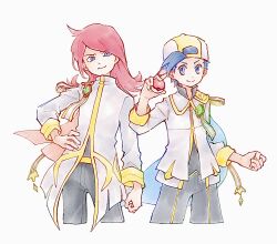 Rule 34 | 2boys, blue eyes, clenched hand, closed mouth, commentary, ethan (arc suit) (pokemon), ethan (pokemon), gem, green gemstone, hand on own hip, hand up, hat, highres, holding, holding poke ball, jacket, long hair, looking at viewer, male focus, multiple boys, nintendo, official alternate costume, pants, poke ball, poke ball (basic), pokemon, pokemon masters ex, short hair, silver (arc suit) (pokemon), silver (pokemon), simple background, smile, symbol-only commentary, tan carbonnn, white background