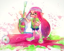 1girl bike_shorts female_focus gradient_background green_eyes green_shirt headband inkling inkling_girl inkling_player_character long_hair nintendo paint paint_roller paint_splatter pink_hair pointy_ears poroi_(poro586) shirt shoes smile sneakers solo splat_roller_(splatoon) splatoon_(series) splatoon_1 tentacle_hair twitter_username