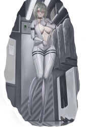 Rule 34 | 1girl, bodysuit, breasts, commentary, grey bodysuit, grey hair, hair between eyes, highres, honkai (series), honkai impact 3rd, indoors, large breasts, navel, partially unzipped, red eyes, short hair, skin tight, solo, undressing, unworn clothes, vespar4, vita (bodysuit) (honkai impact), vita (honkai impact)