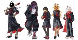 1boy 1other 3girls alternate_costume barefoot baseball_bat black_jacket black_pants black_skirt blonde_hair blood bloody_weapon colored_skin december_holiday deltarune furry furry_female furry_male glasses goat_boy goat_horns group_picture hand_in_pocket hand_on_own_hip hands_in_pockets highres holding holding_baseball_bat hooves horns jacket kris_(deltarune) long_hair multiple_girls neckerchief noelle_holiday nuclearbandage over_shoulder pants pink_skin ralsei red_jacket red_neckerchief red_scarf red_shoes round_eyewear sailor_collar scarf school_uniform serafuku shaded_face shoes simple_background sketch skirt sneakers standing susie_(deltarune) weapon weapon_over_shoulder white_background