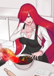 1girl apron black_apron book breasts cleavage commentary cooking english_commentary fate/grand_order fate_(series) hair_over_one_eye highres indoors jack6213725 kitchen large_breasts lava long_hair long_sleeves oda_nobunaga_(fate) oda_nobunaga_(maou_avenger)_(fate) one_eye_covered open_mouth red_eyes red_hair shirt smoke solo sweat teeth valentine white_shirt