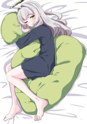 1girl ;t absurdres barefoot bed_sheet black_shirt blue_archive closed_mouth full_body green_eyes grey_hair hair_intakes halo hare_(blue_archive) hare_(pajamas)_(blue_archive) highres hugging_object long_hair looking_at_viewer looking_to_the_side lying moyoron on_side shirt solo