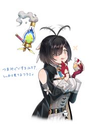+_+ 1girl ahoge ahoge_wag asymmetrical_bangs atelier_(series) atelier_yumia belt between_breasts black_hair breasts commentary_request cupcake dress expressive_hair flammi_(atelier) food food_on_face gloves grey_corset highres holding holding_food large_breasts multicolored_hair parted_bangs partially_fingerless_gloves red_gloves red_hair simple_background smoke solo sparkle standing strap_between_breasts streaked_hair stuffed_animal stuffed_bird stuffed_toy tohka_10days tongue tongue_out translation_request two-tone_hair white_background white_dress yumia_liessfeldt