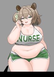 1girl animal_ears belly breasts brown_hair cleavage crop_top fat fat_woman green_eyes green_nails green_shorts grey_background hair_ribbon indie_virtual_youtuber large_breasts midriff navel nimi_nightmare open_mouth peagade plump ribbon shirt short_hair short_shorts short_sidetail shorts sleeveless solo standing tank_top tapir_ears tapir_girl thick_thighs thighs virtual_youtuber white_shirt wide_hips