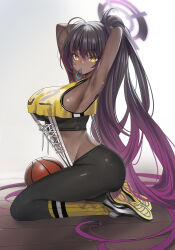 1girl absurdres alternate_costume arched_back armpits arms_up ass ball bare_arms bare_shoulders basketball_(object) blue_archive blush breasts dark-skinned_female dark_skin from_side full_body gradient_hair hair_spread_out hair_tie_in_mouth highres karin_(blue_archive) kneehighs kneeling large_breasts long_hair looking_at_viewer looking_to_the_side mouth_hold multicolored_hair ponytail purple_hair socks solo teddypocky thighs tying_hair very_long_hair white_background white_socks wooden_floor yellow_eyes