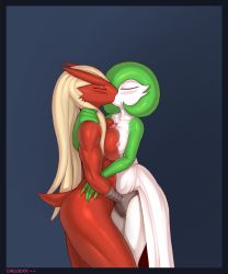 2girls absurdres arm_around_shoulder artist_name asymmetrical_docking blaziken blonde_hair blue_background blue_border blush border breast_press breasts chelodoy closed_eyes collarbone colored_skin female_focus fingering from_side furry furry_female gardevoir gen_3_pokemon green_hair green_skin hand_on_another&#039;s_shoulder highres hug interspecies kiss large_breasts long_hair medium_breasts multicolored_skin multiple_girls muscular nintendo nipples nude pokemon pokemon_(creature) pokephilia short_hair simple_background standing tail thick_thighs thighs two-tone_skin vaginal watermark white_skin yuri