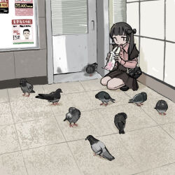 1girl bag bird black_bag black_bow black_footwear black_hair bow brown_skirt bulletin_board door food hair_bow heart-shaped_bag holding holding_food indoors long_hair original pigeon pink_shirt poster_(object) sandwich shirt shoulder_bag skirt slice_of_life solo squatting tile_floor tile_wall tiles too_many too_many_birds umi_ha_kirai |_|