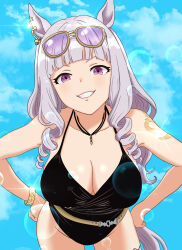 Rule 34 | 1girl, animal ears, bare shoulders, black one-piece swimsuit, blush, breasts, cleavage, commentary request, cowboy shot, eyewear on head, gold ship (run revolt launcher) (umamusume), gold ship (umamusume), hands on own hips, highres, horse ears, horse girl, horse tail, large breasts, long hair, official alternate costume, official alternate hairstyle, one-piece swimsuit, purple eyes, smile, solo, sorodansu, sunglasses, swimsuit, tail, umamusume