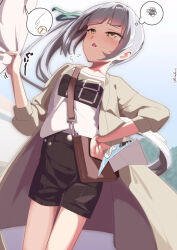 1boy 1girl bag black_shorts brown_coat brown_eyes clothes_tug coat decal grey_hair highres kantai_collection kasumi_(kancolle) kasumi_(kure)_(kancolle) long_hair metadio official_alternate_costume paper seven-segment_display shirt shorts side_ponytail speech_bubble squiggle standing thought_bubble tote_bag white_shirt