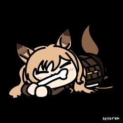 1girl animal_ears animated animated_gif arknights artist_name blush bone brown_hair ceobe_(arknights) chibi chinese_commentary closed_eyes commentary_request dog_ears dog_girl dog_tail long_hair looping_animation lowres lying on_stomach seseren signature simple_background solo tail tail_wagging transparent_background