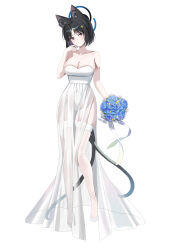 1girl absurdres alternate_costume animal_ear_fluff animal_ears bare_arms bare_shoulders black_eyes black_hair blue_archive blue_flower blush bouquet breasts cat_ears cat_girl cat_tail closed_mouth dress flower highres holding holding_bouquet kikyou_(blue_archive) looking_at_viewer medium_hair multiple_tails parted_bangs raki_kr see-through_clothes see-through_dress shoes sidelocks solo tail thighhighs two_tails wedding_dress white_dress white_shoes white_thighhighs