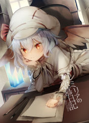 1girl ascot bangle bat_wings beret blue_hair blush bracelet cabbie_hat calligraphy_brush capelet chair commentary_request cover curiosities_of_lotus_asia desk dress dutch_angle female_focus hair_between_eyes hand_up hat hat_ribbon head_rest highres indoors jewelry long_sleeves looking_at_viewer paintbrush paper petticoat red_eyes red_ribbon remilia_scarlet ribbon short_hair solo touhou translation_request upper_body white_ascot white_capelet white_dress white_hat window wings yuki_(popopo)