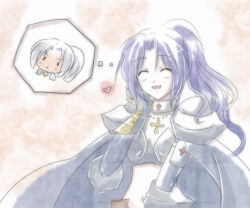 Rule 34 | 1girl, armor, blue cape, blush, boobplate, breastplate, cape, closed eyes, commentary request, dated commentary, gauntlets, heart, imagining, long hair, lord knight (ragnarok online), open mouth, paladin (ragnarok online), pauldrons, pink background, ponytail, purple hair, ragnarok online, sharari, shoulder armor, smile, solo