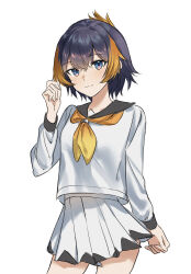 Rule 34 | 1girl, black hair, black sailor collar, blonde hair, blue eyes, cowboy shot, folded ponytail, hand up, highres, hitsuji (sheep tamura), looking at viewer, miniskirt, multicolored hair, neckerchief, nijisanji, nijisanji en, orange neckerchief, petra gurin, petra gurin (1st costume), playing with own hair, sailor collar, school uniform, serafuku, short hair, simple background, skirt, smile, solo, streaked hair, virtual youtuber, white background, white serafuku, white skirt