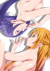 2girls absurdres asuna_(sao) braid breasts closed_mouth completely_nude convenient_arm convenient_censoring eye_contact half_up_braid highres island_(kossori) large_breasts long_hair looking_at_another lying medium_breasts mito_(sao) multiple_girls nude on_side orange_eyes orange_hair ponytail purple_hair red_eyes smile sword_art_online titania_(sao) upper_body yuri