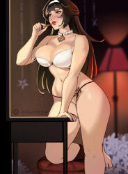 1girl astra_yao black_hair blurry blurry_background bra breasts cowboy_shot hairband holy_meh indoors jewelry large_breasts lipstick long_hair makeup pearl_thong pendant red_lips solo standing standing_on_one_leg underwear white_bra white_hairband zenless_zone_zero