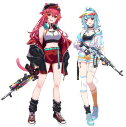 2girls absurdres ahoge ak-74m akm animal_hat assault_rifle asymmetrical_legwear bare_shoulders belt black_jacket black_socks blue_hair braid breasts choker cleavage ear_piercing fang fangs gun hair_between_eyes hair_ornament hairclip hat headphones headphones_around_neck heart highres jacket kalashnikov_rifle large_breasts long_hair long_sleeves looking_at_viewer loose_socks medium_breasts midriff mismatched_legwear multicolored_hair multiple_girls nail_polish navel nekota_tsuna off_shoulder official_alternate_costume official_art orange_eyes orange_nails orange_socks piercing red_hair rifle shiranami_ramune shoes short_shorts shorts sidelocks simple_background siokazunoko skin_fang smile sneakers socks streaked_hair tank_top thigh_strap virtual_youtuber visor_cap vspo! weapon white_background white_hair white_jacket x_hair_ornament