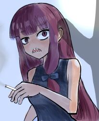 1girl alternate_costume blue_background blue_bow blue_one-piece_swimsuit blunt_bangs blush bow breasts cigarette commentary cookie_(touhou) haburashi_(style) hair_bow hetero highres holding holding_cigarette long_hair multiple_hair_bows one-piece_swimsuit open_mouth parody patchouli_knowledge penis_awe penis_shadow pro55h purple_eyes purple_hair red_bow sharp_teeth small_breasts smoke smoking solo style_parody swimsuit taisa_(cookie) teeth touhou translation_request upper_body