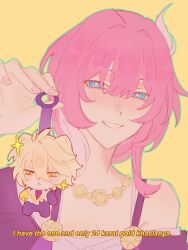 Rule 34 | 1girl, blonde hair, blue eyes, character doll, closed mouth, commentary, cyrene (honkai: star rail), doll, dress, english commentary, english text, gold necklace, hair between eyes, hair ribbon, hand up, highres, holding, holding doll, honkai: star rail, honkai (series), hyochii x, jacket, jewelry, looking at viewer, meme, nail polish, necklace, open clothes, open jacket, phainon (honkai: star rail), phainon (khaslana) (honkai: star rail), pink hair, pink nails, purple jacket, ribbon, short hair, simple background, single bare shoulder, sleeveless, sleeveless dress, smile, solo, sparkle, teeth, upper body, v-shaped eyebrows, white dress, white ribbon, yellow background, yellow eyes