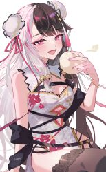 1girl absurdres steamed_bun bell black_hair black_thighhighs breasts china_dress chinese_clothes cleavage cleavage_cutout clothing_cutout cowboy_shot double_bun dress food hair_bell hair_bun hair_ornament hair_ribbon highres holding holding_food invisible_chair lace lace-trimmed_thighhighs lace_trim mandarin_collar multicolored_hair nijisanji open_mouth panty_straps parted_bangs pelvic_curtain pink_eyes ribbon sidelocks simple_background sirom sitting solo split-color_hair thighhighs two-tone_hair virtual_youtuber white_background white_hair yorumi_rena yorumi_rena_(10th_costume)