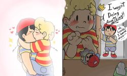 bad_tag black_hair blonde_hair child hat imagining kiss lucas_(mother_3) mother_(series) mother_2 mother_3 ness_(mother_2) nintendo palying red_hat shirt shota sonny_(artist) striped_clothes striped_shirt super_smash_bros. toy yaoi