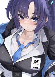 Rule 34 | 1girl, alternate breast size, blue archive, blue necktie, breasts, cleavage, collarbone, commentary, highres, id card, large breasts, necktie, purple eyes, purple hair, simple background, solo, tol10131, white background, yuuka (blue archive)