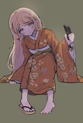 1girl artistic_error bad_feet bad_hand barefoot blonde_hair blush_stickers buwei_(ironypot) cat_ornament closed_mouth comb danganronpa_(series) danganronpa_2:_goodbye_despair floral_print frown full_body hair_ornament hand_up highres holding holding_comb japanese_clothes kimono long_hair long_sleeves looking_at_viewer obi orange_kimono saionji_hiyoko sash shoes simple_background single_shoe sitting solo unworn_hair_ornament wide_sleeves