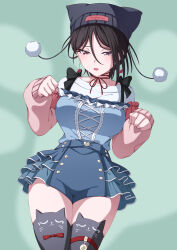 1girl animal_costume asymmetrical_hair bang_dream! beanie black_hair black_thighhighs blue_shirt blue_shorts blush breasts cat_costume clothes_writing earrings frilled_shirt frilled_shorts frills hair_behind_ear hair_between_eyes hat heart heart_earrings highres jewelry kitayu large_breasts neck_ribbon open_mouth pink_sleeves purple_eyes ribbon shirt shorts simple_background solo thick_thighs thighhighs thighs yashio_rui