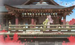 arms_up artist_request autumn bang_dream! bang_dream!_it&#039;s_mygo!!!!! brown_hair chihaya_anon closed_eyes commentary commission english_commentary falling_leaves floral_print green_kimono grey_eyes highres japanese_clothes kimono kiss kissing_cheek leaf long_hair nagasaki_soyo obi open_mouth outdoors pink_hair pink_kimono sash second-party_source shrine sidelocks wide_shot yuri