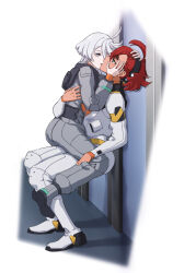 2girls black_hairband blue_eyes bodysuit commentary grey_bodysuit grey_eyes gundam gundam_suisei_no_majo hairband hand_on_another&#039;s_face highres himmel_(keine_haare) kiss long_hair long_sleeves miorine_rembran multiple_girls parted_lips red_hair sitting sitting_on_lap sitting_on_person spacesuit standing suletta_mercury thick_eyebrows white_hair yuri