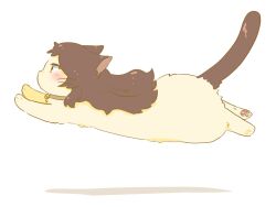 animal animal_collar animal_focus animalization bell blush brown_hair cat collar from_side full_body highres hutaba idolmaster idolmaster_million_live! jumping kitazawa_shiho long_hair neck_bell no_humans no_mouth simple_background white_background