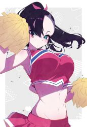 1girl black_hair blush breasts cheerleader closed_mouth commentary crop_top green_eyes hair_ribbon highres holding large_breasts looking_at_viewer marie_(pixiv59672544) marnie_(pokemon) midriff navel nintendo pink_shirt pink_skirt pokemon pokemon_swsh pom_pom_(cheerleading) ponytail red_ribbon ribbon shirt simple_background skirt solo upper_body white_background