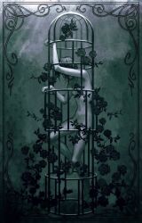 1boy birdcage black_hair black_robe border cage climbing completely_nude convenient_censoring covering_face dim_lighting full_body highres homicipher male_focus mr._crawling nude ornate_border robe solo squalid114617