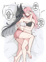 Rule 34 | !, 2girls, animal ear fluff, animal ears, artist name, bite mark, bite mark on neck, bite mark on shoulder, bite mark on thigh, black bra, black hair, blush, bra, breasts, chest sarashi, closed eyes, closed mouth, commentary, cowboy shot, dailymiyanagi, english commentary, english text, fox ears, fox girl, full body, hickey, highres, hoshimi miyabi, long hair, looking at another, lying, multiple girls, navel, on back, panties, pillow, pink hair, sarashi, smile, speech bubble, stomach, tsukishiro yanagi, underwear, underwear only, unworn eyewear, yuri, zenless zone zero