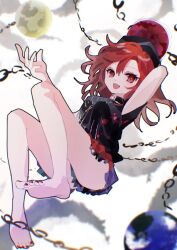 1girl :d arm_behind_head arm_up ass bare_legs barefoot black_choker black_hat black_outline breasts chain choker clothes_writing commentary earth_(ornament) emimi_(emimi_28) feet frilled_skirt frills full_body hand_up hat hecatia_lapislazuli looking_at_viewer medium_hair moon_(ornament) multicolored_skirt nail_polish open_mouth outline pleated_skirt red_eyes red_hair red_nails shirt short_sleeves skirt smile solo t-shirt toenail_polish toenails toes touhou underworld_(ornament)