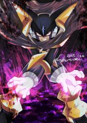 1boy aura baron-0628 bass.exe_(mega_man) black_bodysuit black_helmet bodysuit dated facial_mark fins forehead_jewel head_fins helmet highres male_focus mega_man_(series) mega_man_battle_network_(series) netnavi red_eyes signature solo
